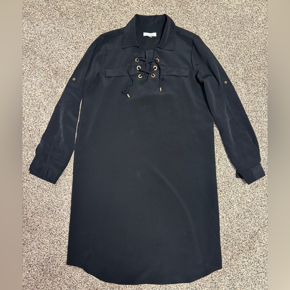 black Calvin Klein long-sleeved shirt dress with a lace-up V-neck Women’s 8